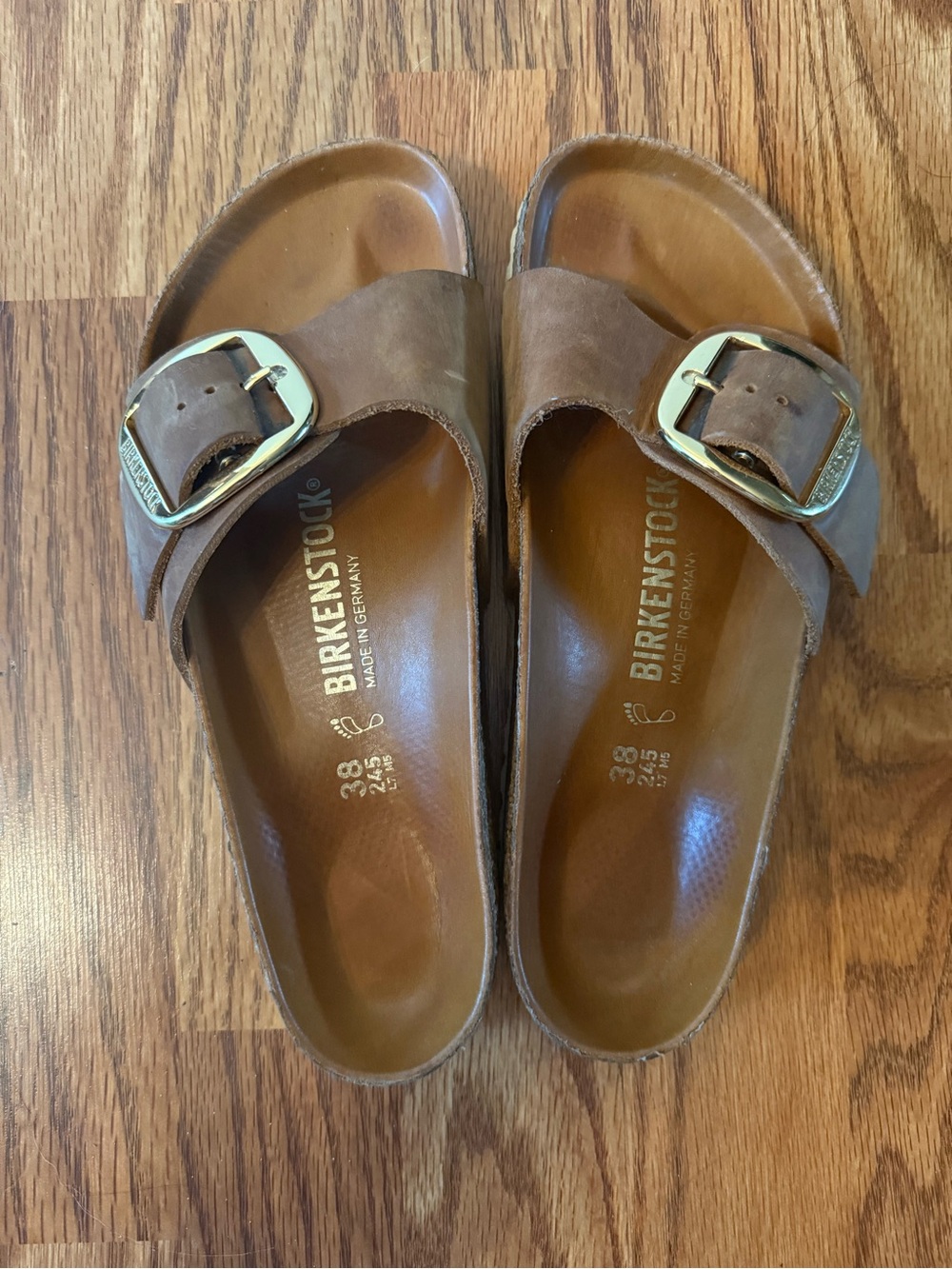Birkenstock Madrid Big Buckle Brown Leather Slide Sandals (Gold)